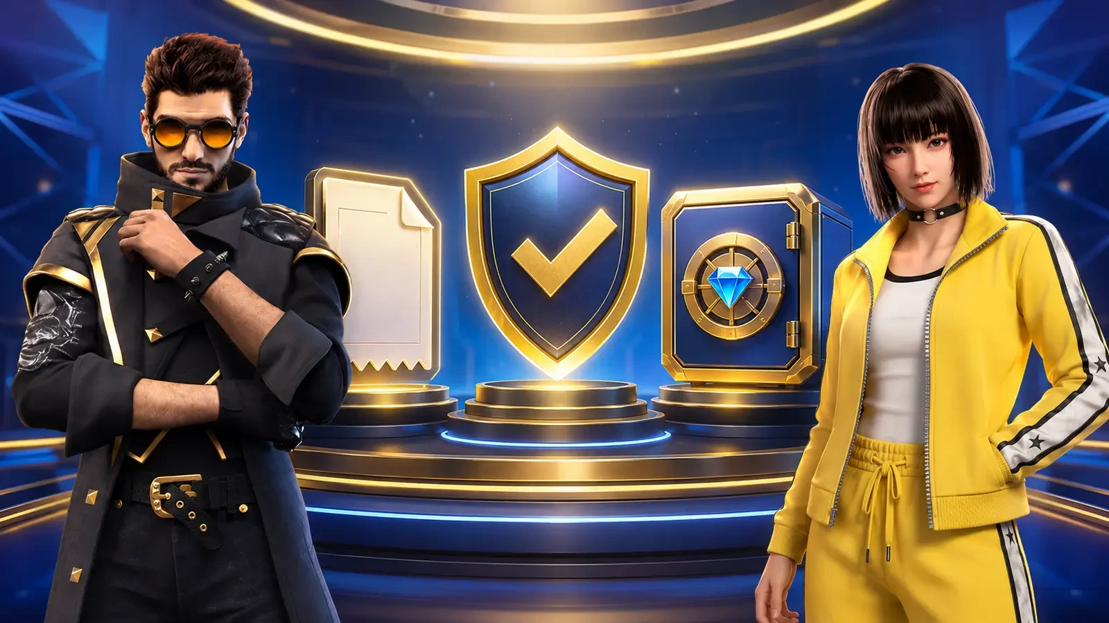 Free Fire characters beside secure top-up and receipt symbols