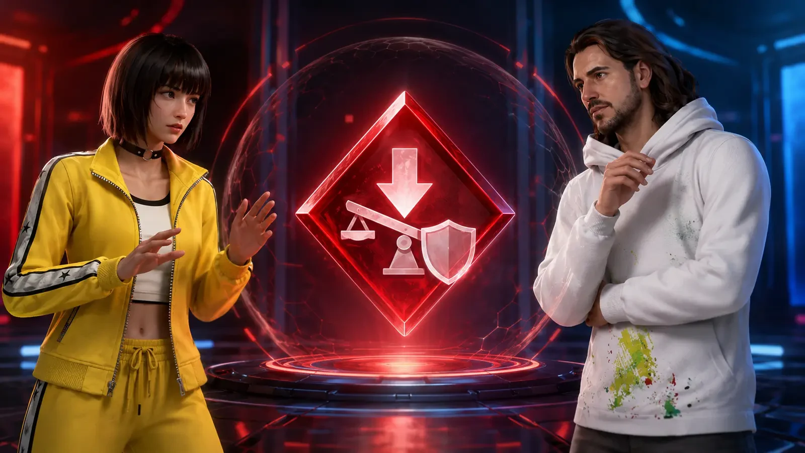 Free Fire characters facing a negative diamond balance warning