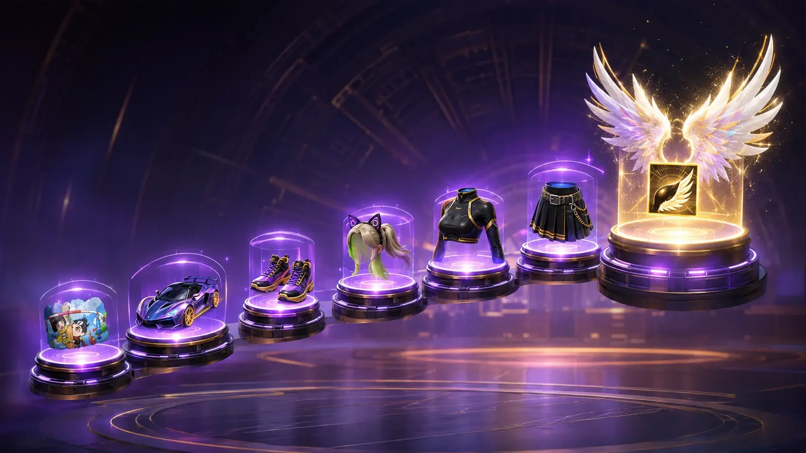 Conceptual Free Fire cumulative top-up reward milestones from Gloo Wall to angel wings