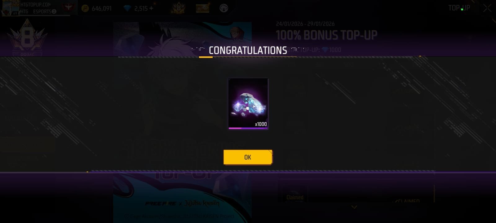 Free Fire x Jujutsu Kaisen Event Rewards