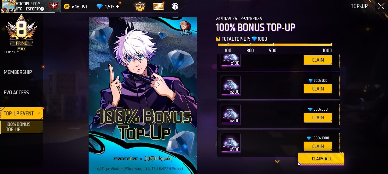 Free Fire x Jujutsu Kaisen Collaboration