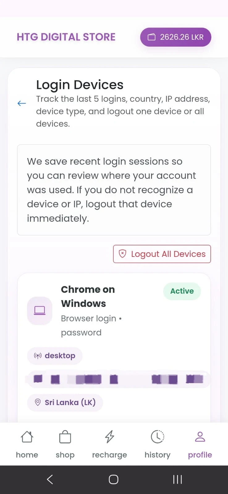 HTGTopUp Login Devices page showing recent sessions and Logout All Devices